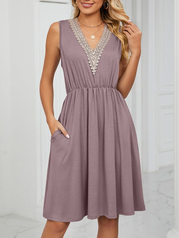 Blue Zone Planet | knitted lace V-neck sleeveless pocket waist dress BLUE ZONE PLANET