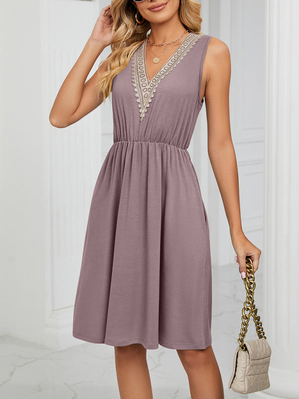 Blue Zone Planet | knitted lace V-neck sleeveless pocket waist dress BLUE ZONE PLANET