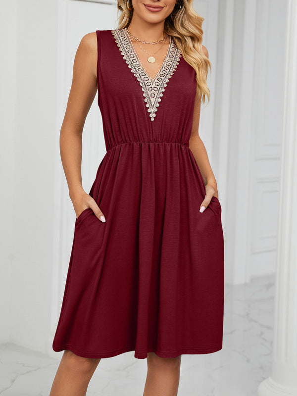 Blue Zone Planet | knitted lace V-neck sleeveless pocket waist dress BLUE ZONE PLANET