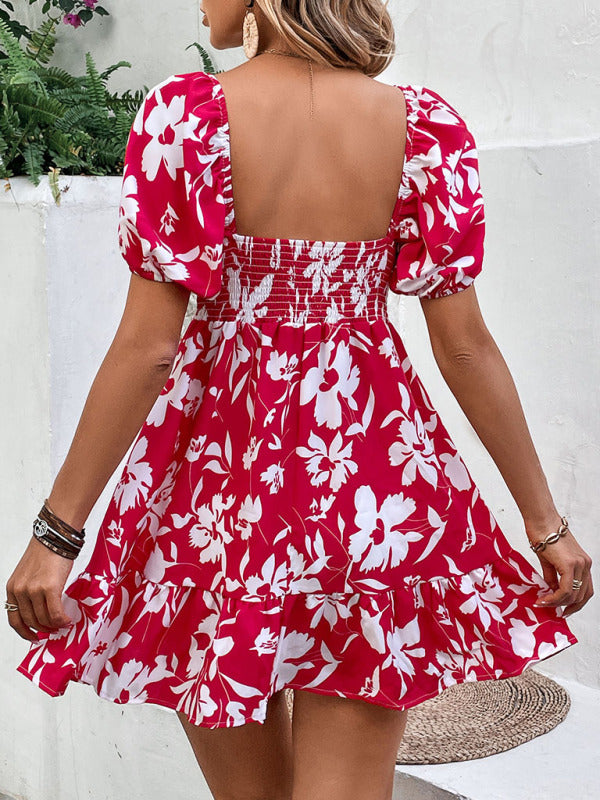 Blue Zone Planet | Woven French Vintage Sweetheart Neck Print Dress BLUE ZONE PLANET