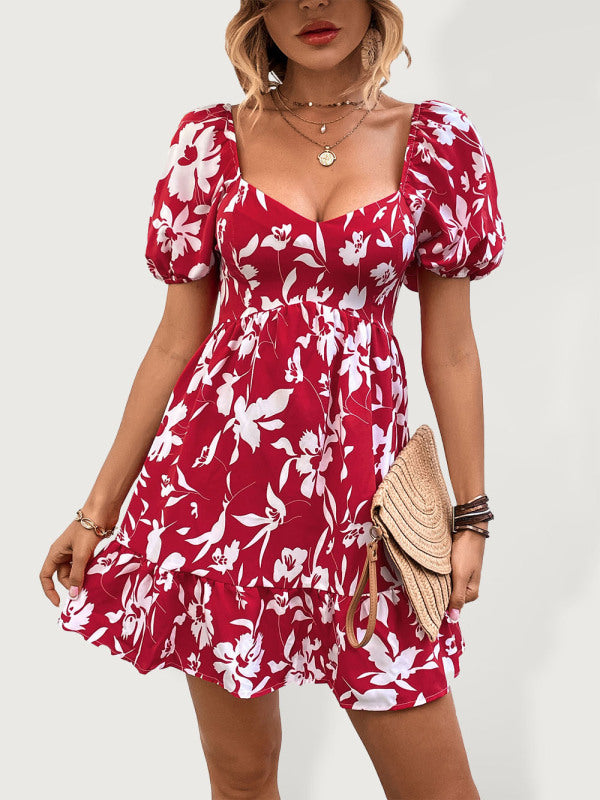Blue Zone Planet | Woven French Vintage Sweetheart Neck Print Dress BLUE ZONE PLANET