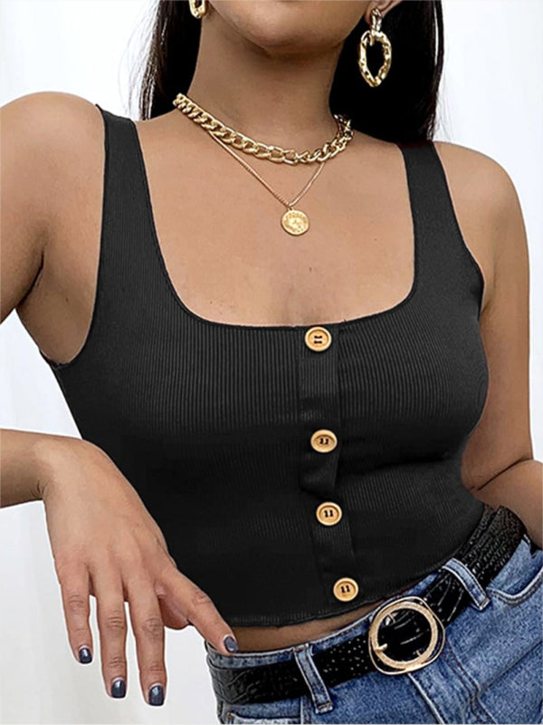 Knit Square Neck Button Breasted Tank Top BLUE ZONE PLANET