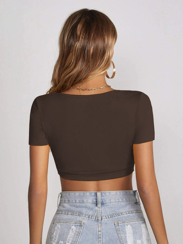 knitted all-match square collar cropped short-sleeved T-shirt BLUE ZONE PLANET