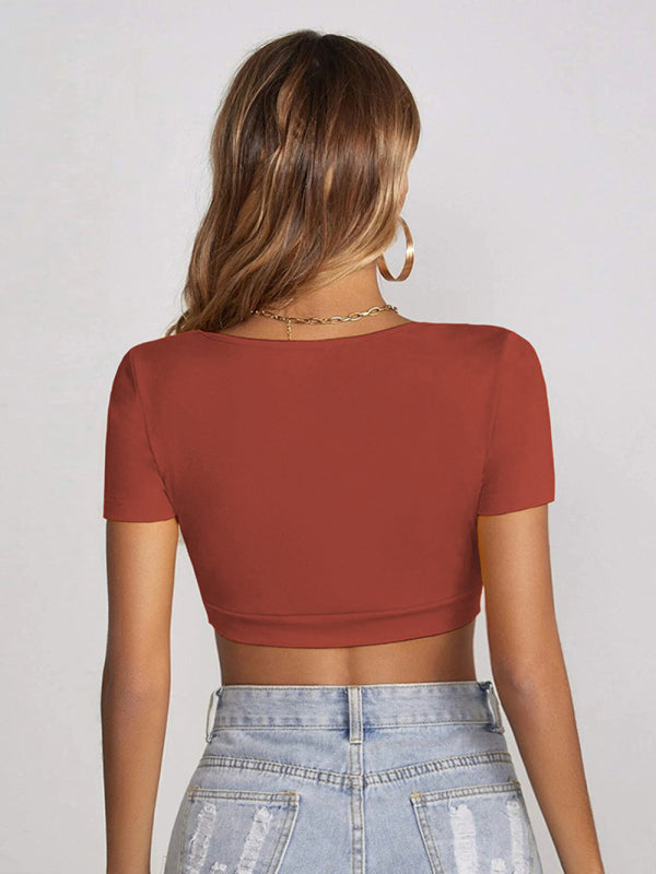 knitted all-match square collar cropped short-sleeved T-shirt BLUE ZONE PLANET