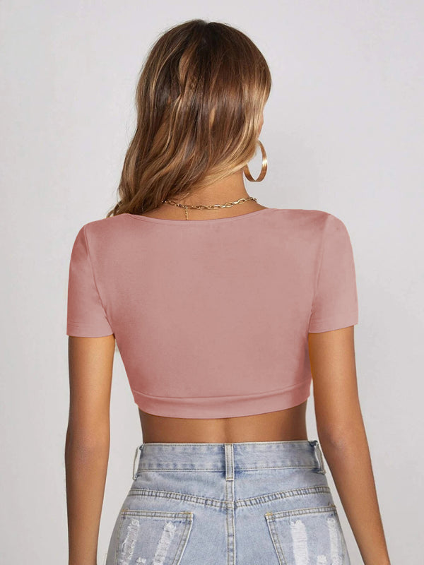 knitted all-match square collar cropped short-sleeved T-shirt BLUE ZONE PLANET