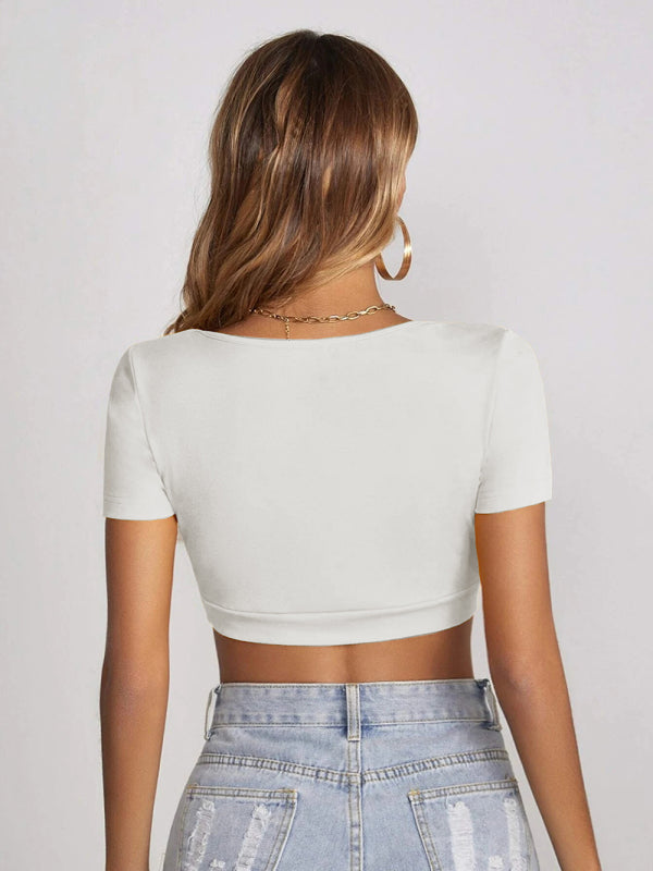 knitted all-match square collar cropped short-sleeved T-shirt BLUE ZONE PLANET