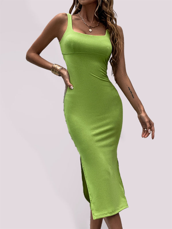 knitted cross open back slit slim fit package hip mid-length sundress kakaclo