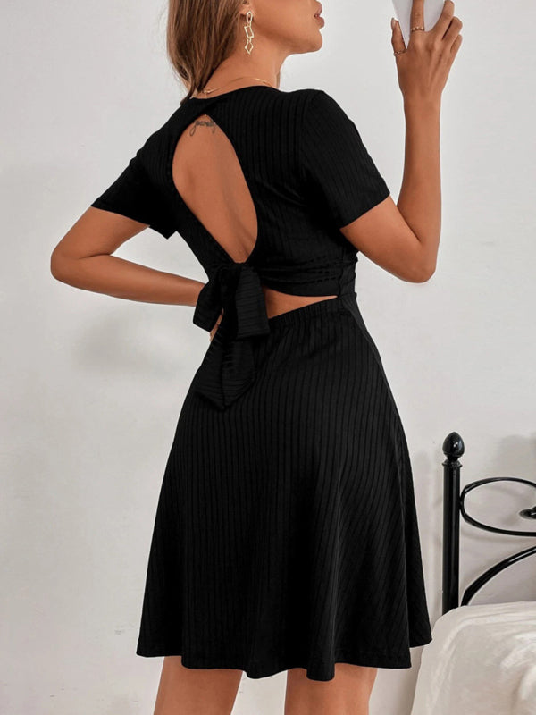 Knitted Backless V-neck Ruffle Short Sleeve Dress kakaclo