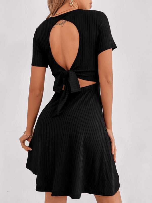 Knitted Backless V-neck Ruffle Short Sleeve Dress kakaclo