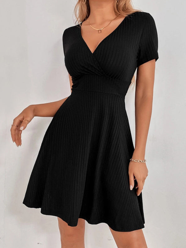 Knitted Backless V-neck Ruffle Short Sleeve Dress kakaclo