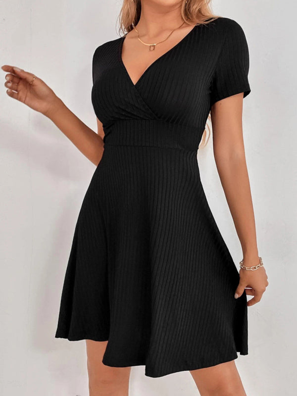 Knitted Backless V-neck Ruffle Short Sleeve Dress kakaclo