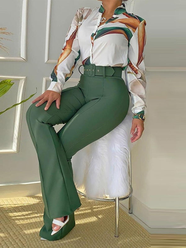 Blue Zone Planet | Set printed long-sleeved shirt top wide-leg pants two-piece set BLUE ZONE PLANET