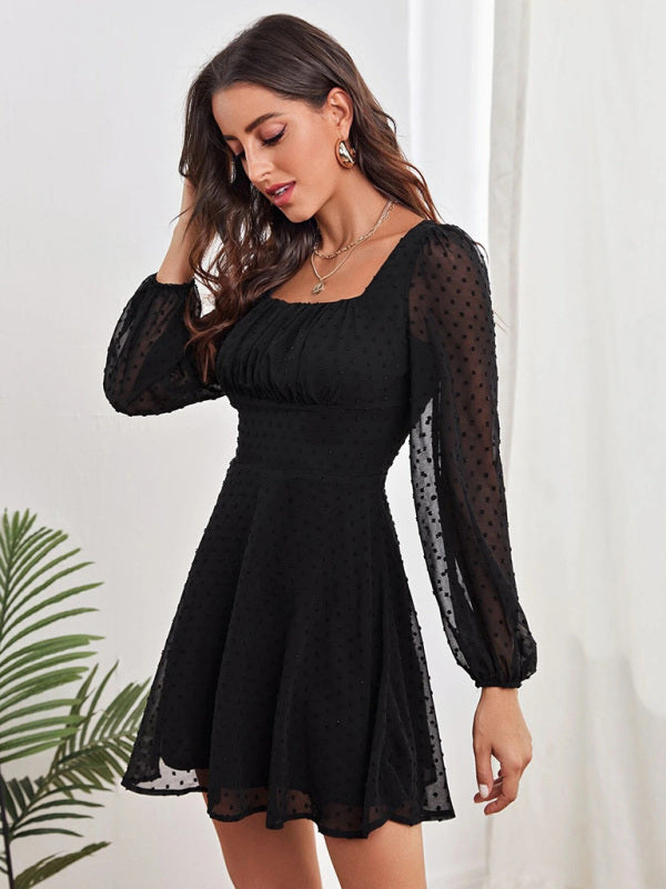 Blue Zone Planet | Women's Woven Chiffon Jacquard Elegant Long Sleeve Dress kakaclo