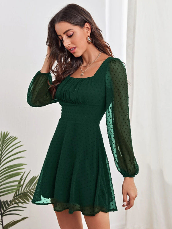 Blue Zone Planet | Women's Woven Chiffon Jacquard Elegant Long Sleeve Dress kakaclo