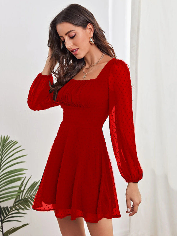 Blue Zone Planet | Women's Woven Chiffon Jacquard Elegant Long Sleeve Dress kakaclo