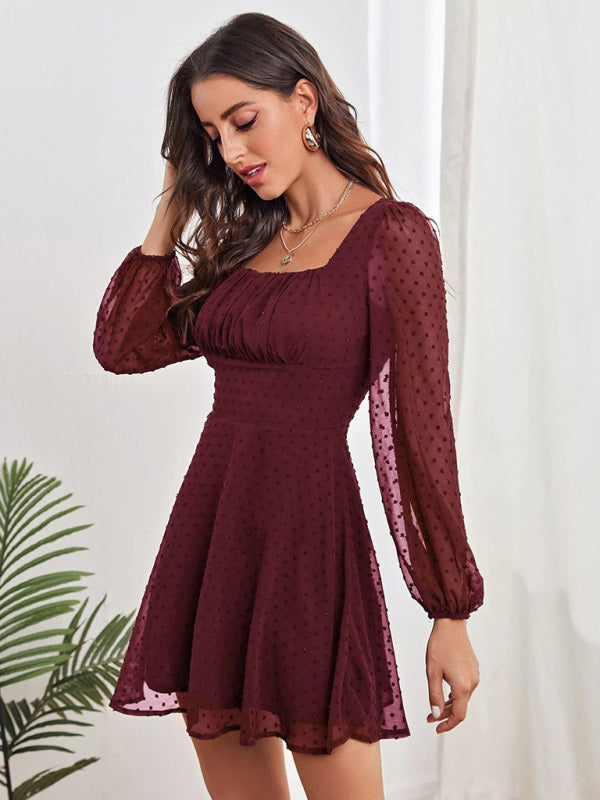 Blue Zone Planet | Women's Woven Chiffon Jacquard Elegant Long Sleeve Dress kakaclo