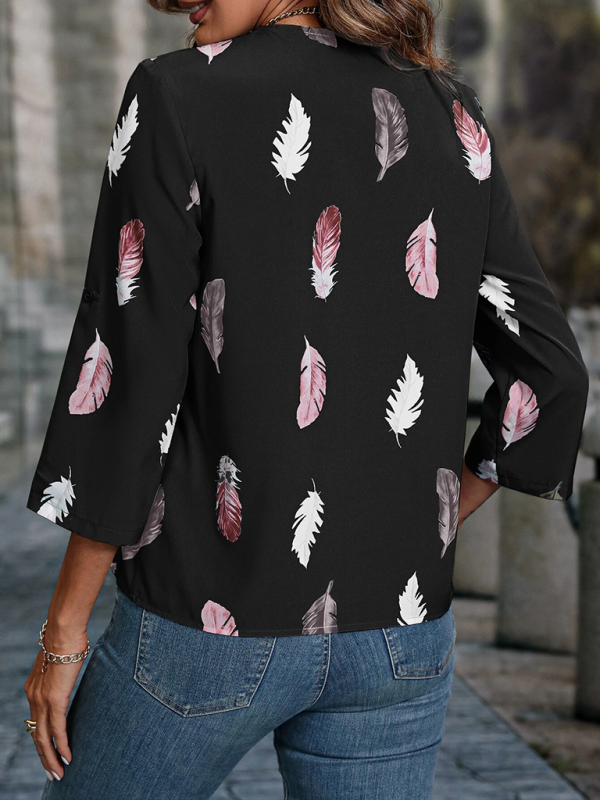 Blue Zone Planet | V-Neck Feather Print Cropped Sleeve Loose Blouse kakaclo