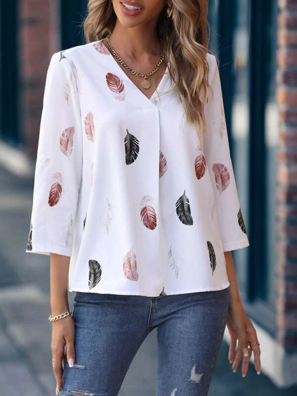 Blue Zone Planet | V-Neck Feather Print Cropped Sleeve Loose Blouse kakaclo