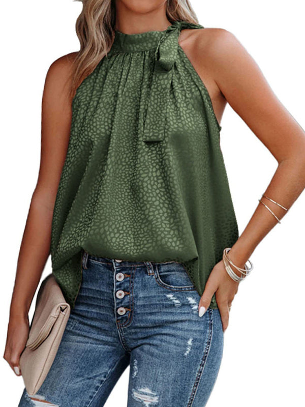 Blue Zone Planet | Woven Halter Neck Bow Leopard Print Sleeveless Tank Top BLUE ZONE PLANET