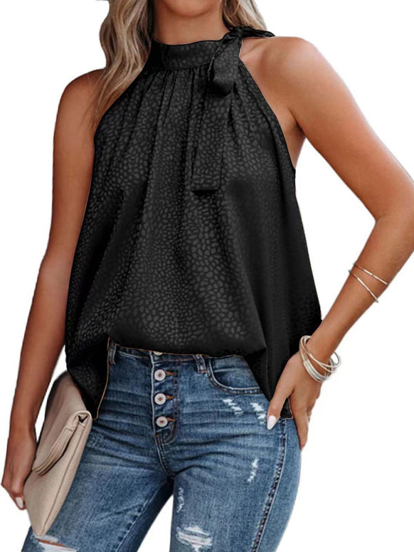 Blue Zone Planet | Woven Halter Neck Bow Leopard Print Sleeveless Tank Top BLUE ZONE PLANET