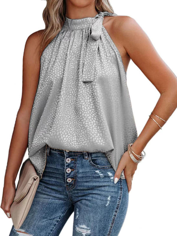 Blue Zone Planet | Woven Halter Neck Bow Leopard Print Sleeveless Tank Top BLUE ZONE PLANET