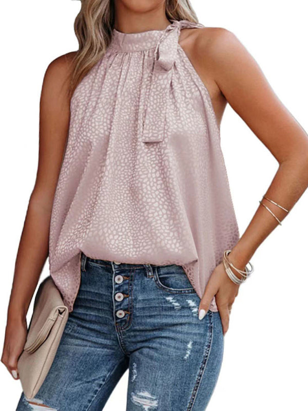 Blue Zone Planet | Woven Halter Neck Bow Leopard Print Sleeveless Tank Top BLUE ZONE PLANET
