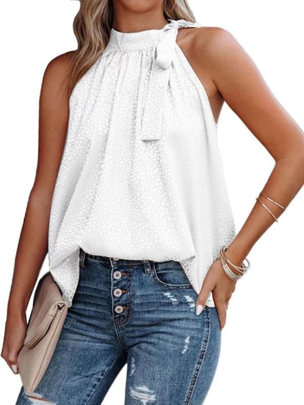 Blue Zone Planet | Woven Halter Neck Bow Leopard Print Sleeveless Tank Top BLUE ZONE PLANET