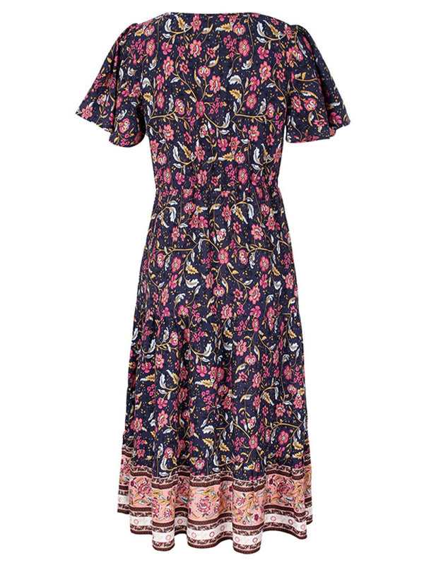 Blue Zone Planet | Ella's Slim-Fit Floral Print Single-Breasted V-Neck Midi Dress BLUE ZONE PLANET