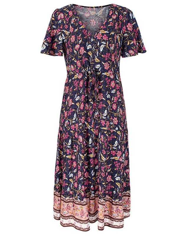 Blue Zone Planet | Ella's Slim-Fit Floral Print Single-Breasted V-Neck Midi Dress BLUE ZONE PLANET