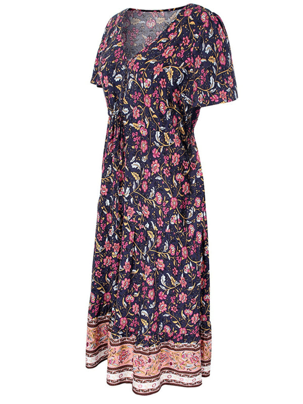 Blue Zone Planet | Ella's Slim-Fit Floral Print Single-Breasted V-Neck Midi Dress BLUE ZONE PLANET