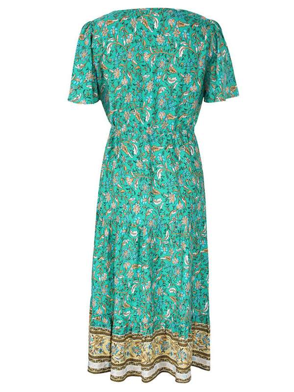 Blue Zone Planet | Ella's Slim-Fit Floral Print Single-Breasted V-Neck Midi Dress BLUE ZONE PLANET