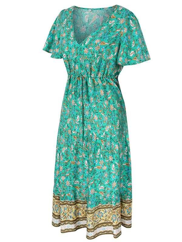 Blue Zone Planet | Ella's Slim-Fit Floral Print Single-Breasted V-Neck Midi Dress BLUE ZONE PLANET