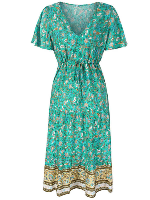 Blue Zone Planet | Ella's Slim-Fit Floral Print Single-Breasted V-Neck Midi Dress BLUE ZONE PLANET