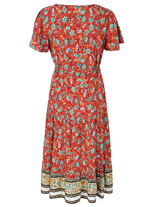 Blue Zone Planet | Ella's Slim-Fit Floral Print Single-Breasted V-Neck Midi Dress BLUE ZONE PLANET