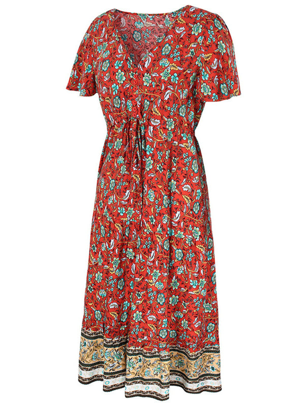 Blue Zone Planet | Ella's Slim-Fit Floral Print Single-Breasted V-Neck Midi Dress BLUE ZONE PLANET