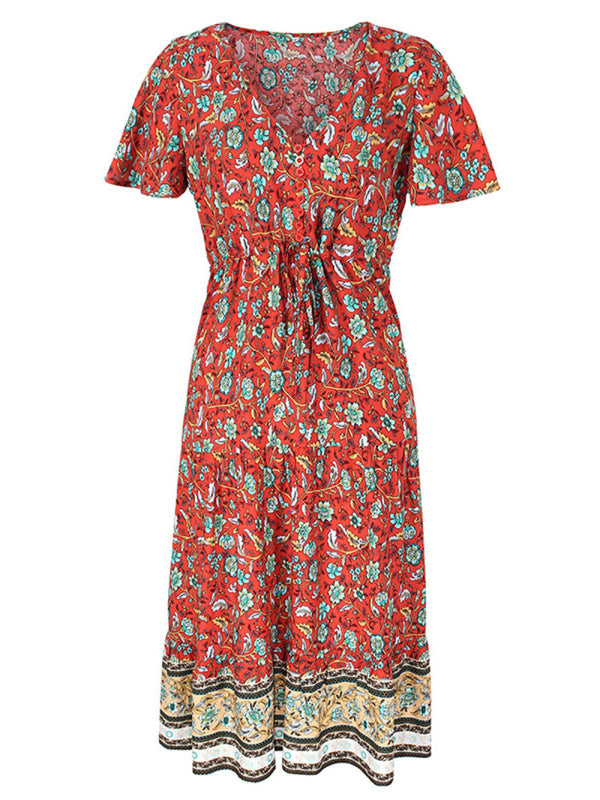 Blue Zone Planet | Ella's Slim-Fit Floral Print Single-Breasted V-Neck Midi Dress BLUE ZONE PLANET