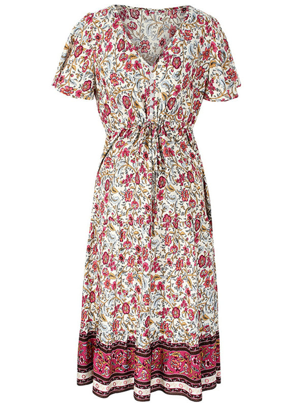 Blue Zone Planet | Ella's Slim-Fit Floral Print Single-Breasted V-Neck Midi Dress BLUE ZONE PLANET
