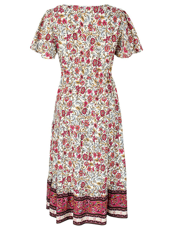 Blue Zone Planet | Ella's Slim-Fit Floral Print Single-Breasted V-Neck Midi Dress BLUE ZONE PLANET