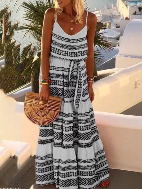 Blue Zone Planet | Bohemian style deep V-neck printed beach holiday style spaghetti strap dress BLUE ZONE PLANET