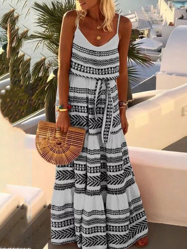 Blue Zone Planet | Bohemian style deep V-neck printed beach holiday style spaghetti strap dress BLUE ZONE PLANET