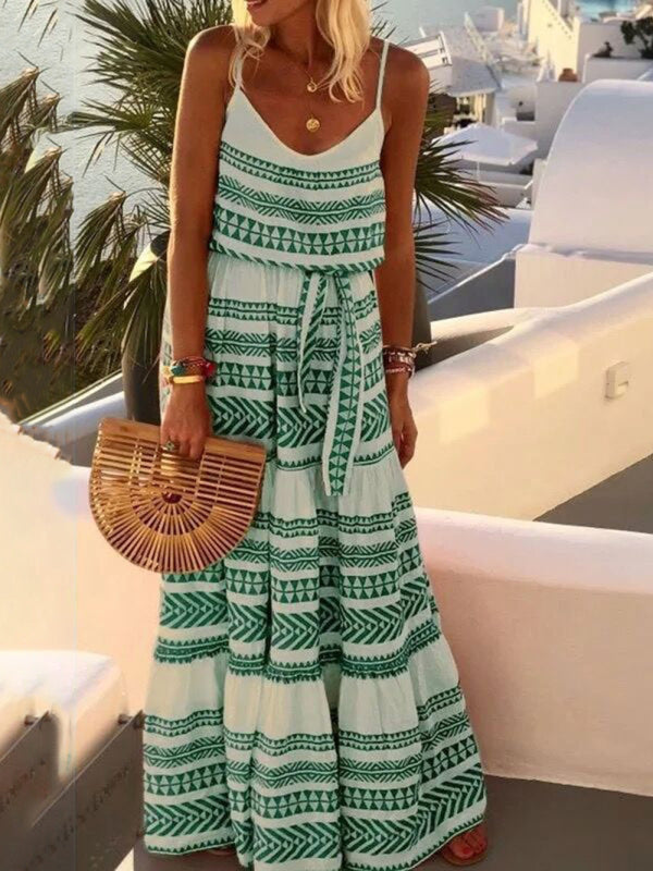 Blue Zone Planet | Bohemian style deep V-neck printed beach holiday style spaghetti strap dress BLUE ZONE PLANET