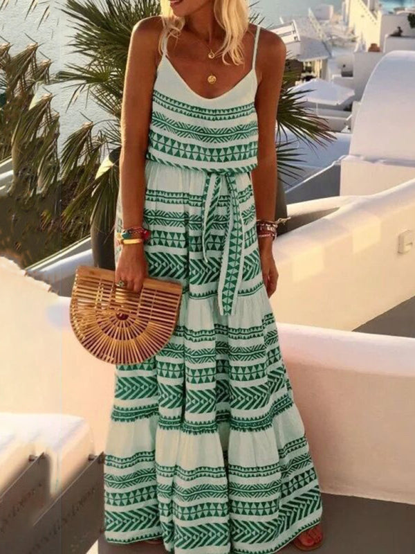 Blue Zone Planet | Bohemian style deep V-neck printed beach holiday style spaghetti strap dress BLUE ZONE PLANET