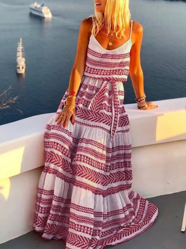 Blue Zone Planet | Bohemian style deep V-neck printed beach holiday style spaghetti strap dress BLUE ZONE PLANET