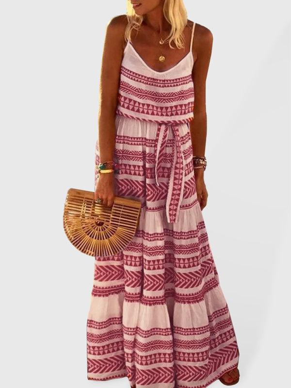 Blue Zone Planet | Bohemian style deep V-neck printed beach holiday style spaghetti strap dress BLUE ZONE PLANET