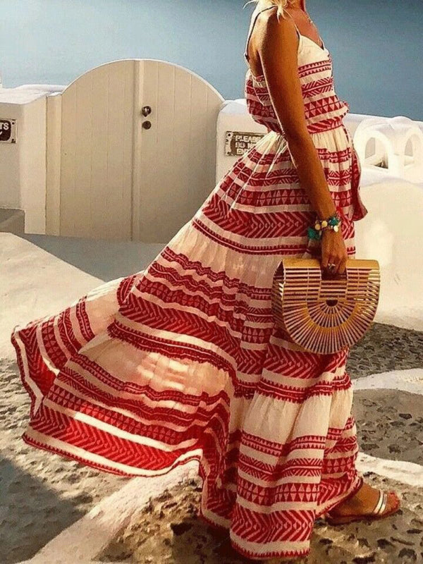 Blue Zone Planet | Bohemian style deep V-neck printed beach holiday style spaghetti strap dress BLUE ZONE PLANET