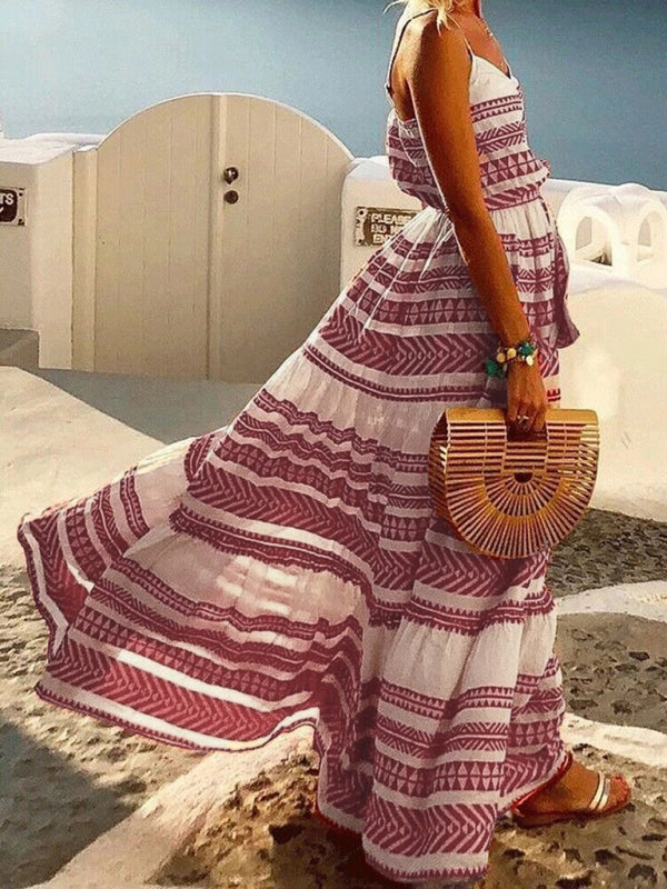 Blue Zone Planet | Bohemian style deep V-neck printed beach holiday style spaghetti strap dress BLUE ZONE PLANET