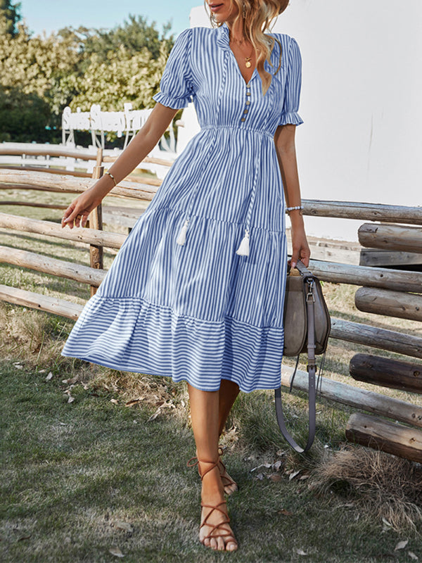 Ella's Striped V-Neck Empire Waist Midi Dress with Tie BLUE ZONE PLANET