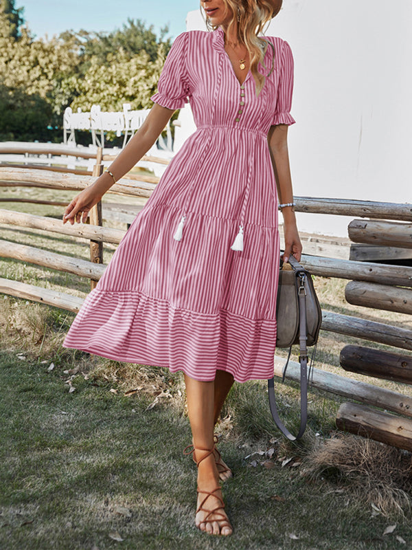 Ella's Striped V-Neck Empire Waist Midi Dress with Tie BLUE ZONE PLANET
