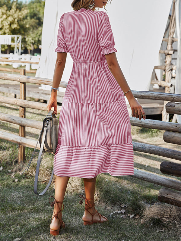 Ella's Striped V-Neck Empire Waist Midi Dress with Tie BLUE ZONE PLANET