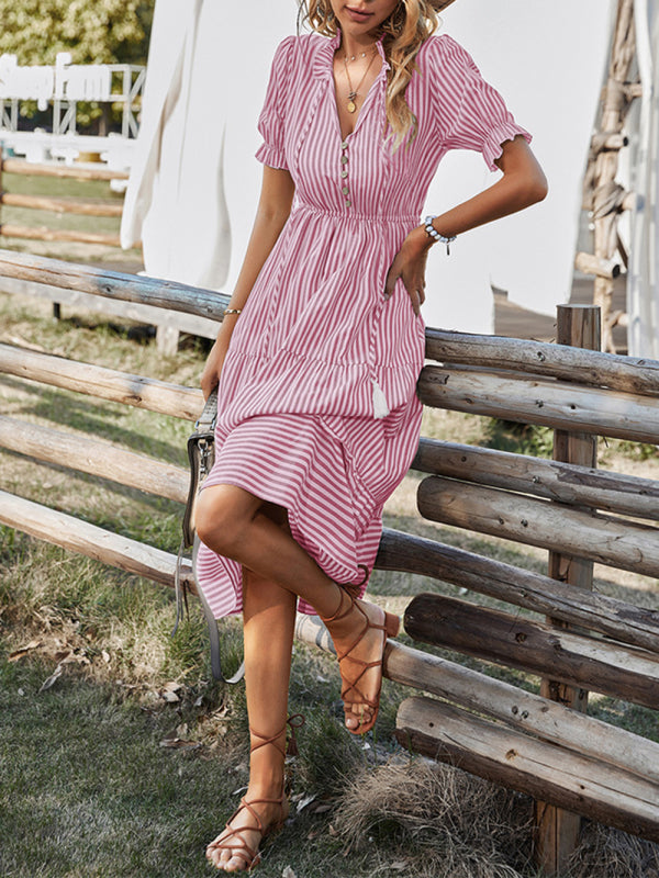 Ella's Striped V-Neck Empire Waist Midi Dress with Tie BLUE ZONE PLANET